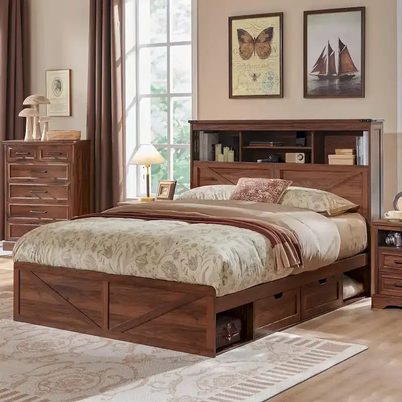 Cadre de lit Queen Size style ferme avec tête de lit bibliothèque, lumières LED et tiroirs de rangement