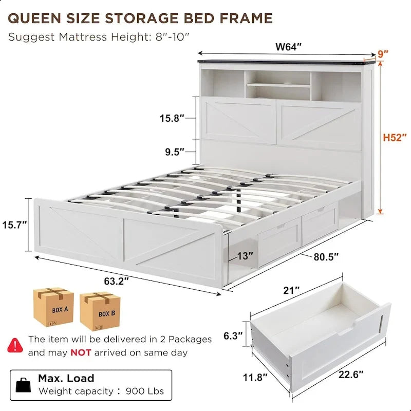 Cadre de lit Queen Size style ferme avec tête de lit bibliothèque, lumières LED et tiroirs de rangement