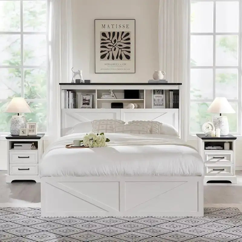 Cadre de lit Queen Size style ferme avec tête de lit bibliothèque, lumières LED et tiroirs de rangement