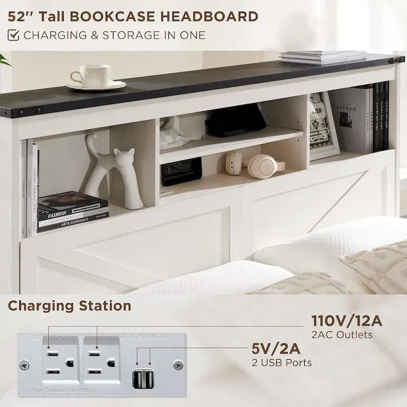 Cadre de lit Queen Size style ferme avec tête de lit bibliothèque, lumières LED et tiroirs de rangement