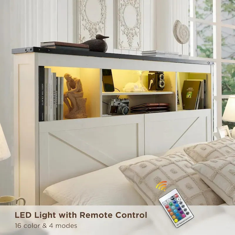 Cadre de lit Queen Size style ferme avec tête de lit bibliothèque, lumières LED et tiroirs de rangement