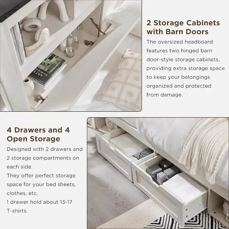 Cadre de lit Queen Size style ferme avec tête de lit bibliothèque, lumières LED et tiroirs de rangement