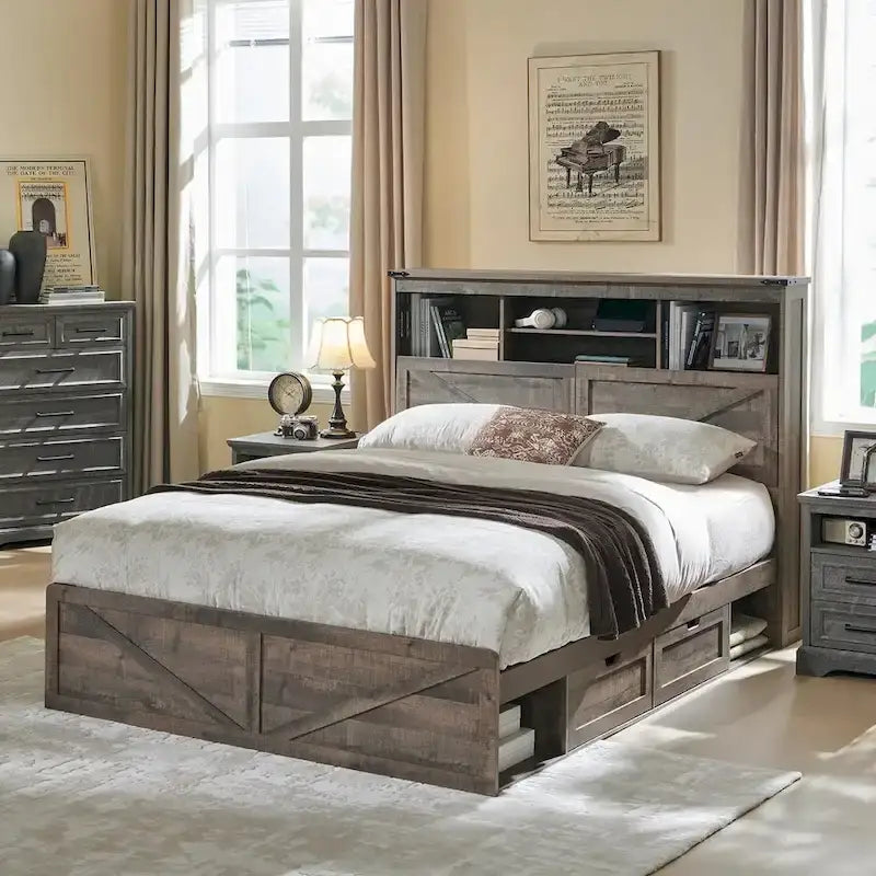 Cadre de lit Queen Size style ferme avec tête de lit bibliothèque, lumières LED et tiroirs de rangement