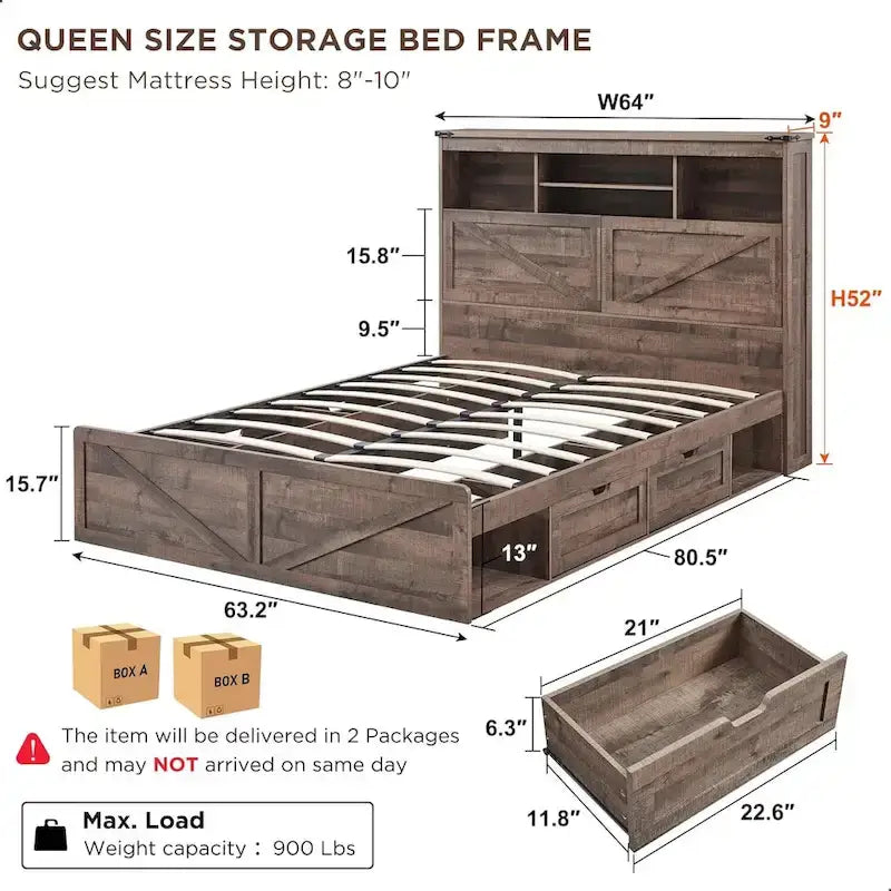 Cadre de lit Queen Size style ferme avec tête de lit bibliothèque, lumières LED et tiroirs de rangement