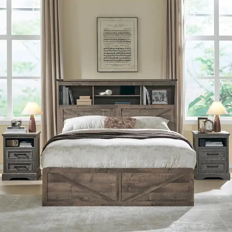 Cadre de lit Queen Size style ferme avec tête de lit bibliothèque, lumières LED et tiroirs de rangement