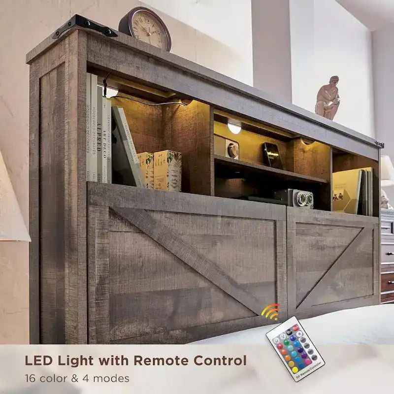 Cadre de lit Queen Size style ferme avec tête de lit bibliothèque, lumières LED et tiroirs de rangement