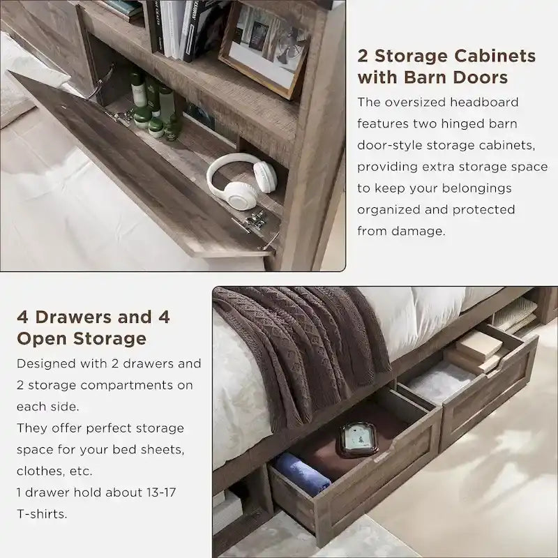 Cadre de lit Queen Size style ferme avec tête de lit bibliothèque, lumières LED et tiroirs de rangement