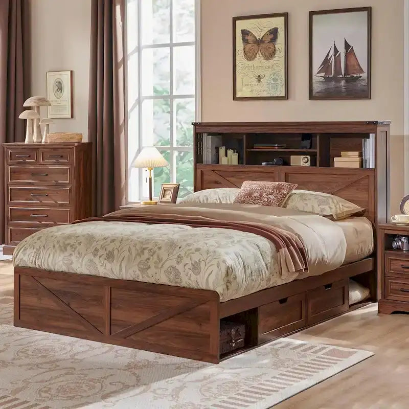 Cadre de lit Queen Size style ferme avec tête de lit bibliothèque, lumières LED et tiroirs de rangement