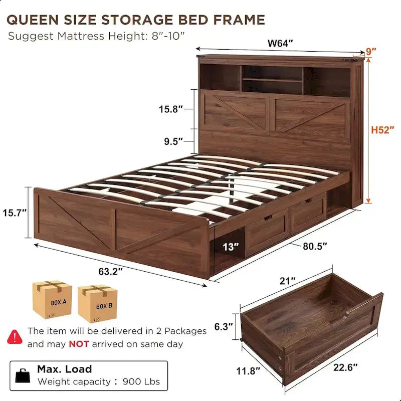 Cadre de lit Queen Size style ferme avec tête de lit bibliothèque, lumières LED et tiroirs de rangement