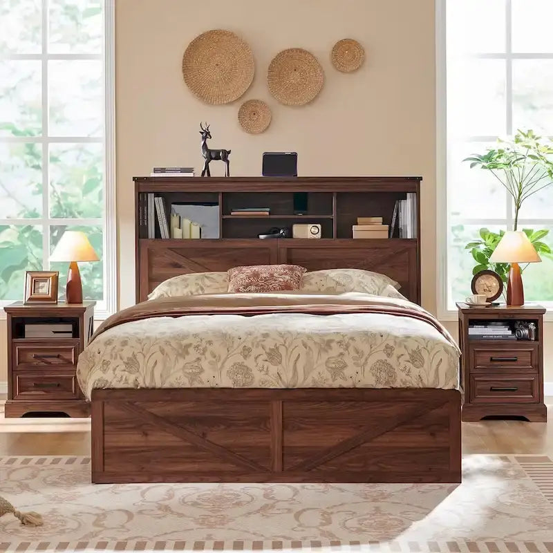 Cadre de lit Queen Size style ferme avec tête de lit bibliothèque, lumières LED et tiroirs de rangement