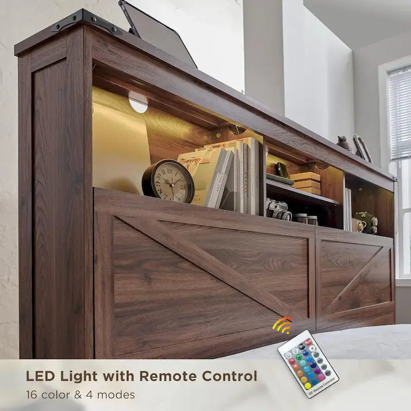 Cadre de lit Queen Size style ferme avec tête de lit bibliothèque, lumières LED et tiroirs de rangement