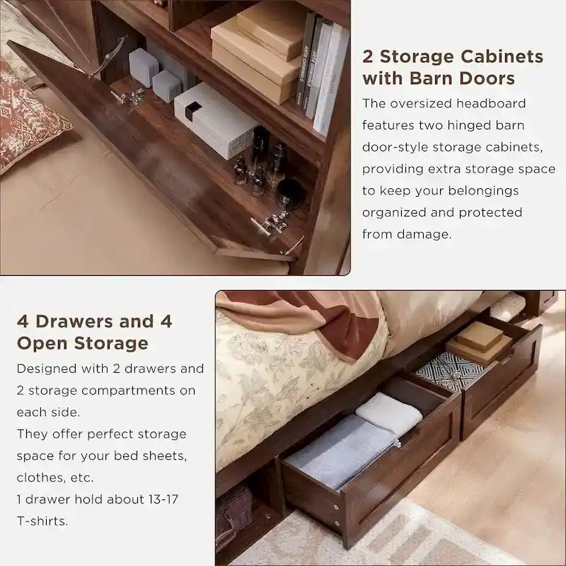 Cadre de lit Queen Size style ferme avec tête de lit bibliothèque, lumières LED et tiroirs de rangement
