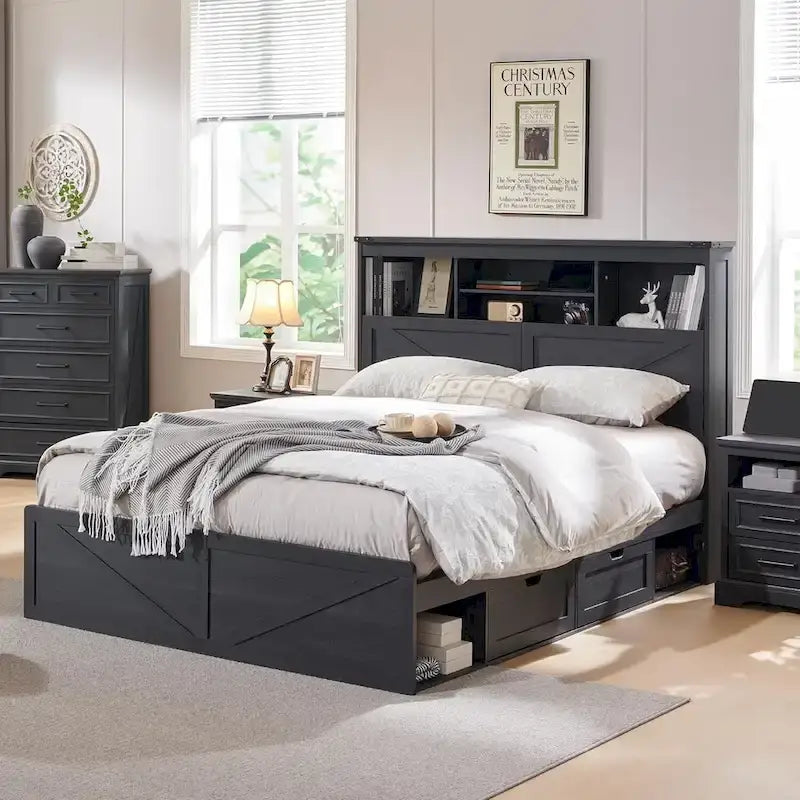 Cadre de lit Queen Size style ferme avec tête de lit bibliothèque, lumières LED et tiroirs de rangement