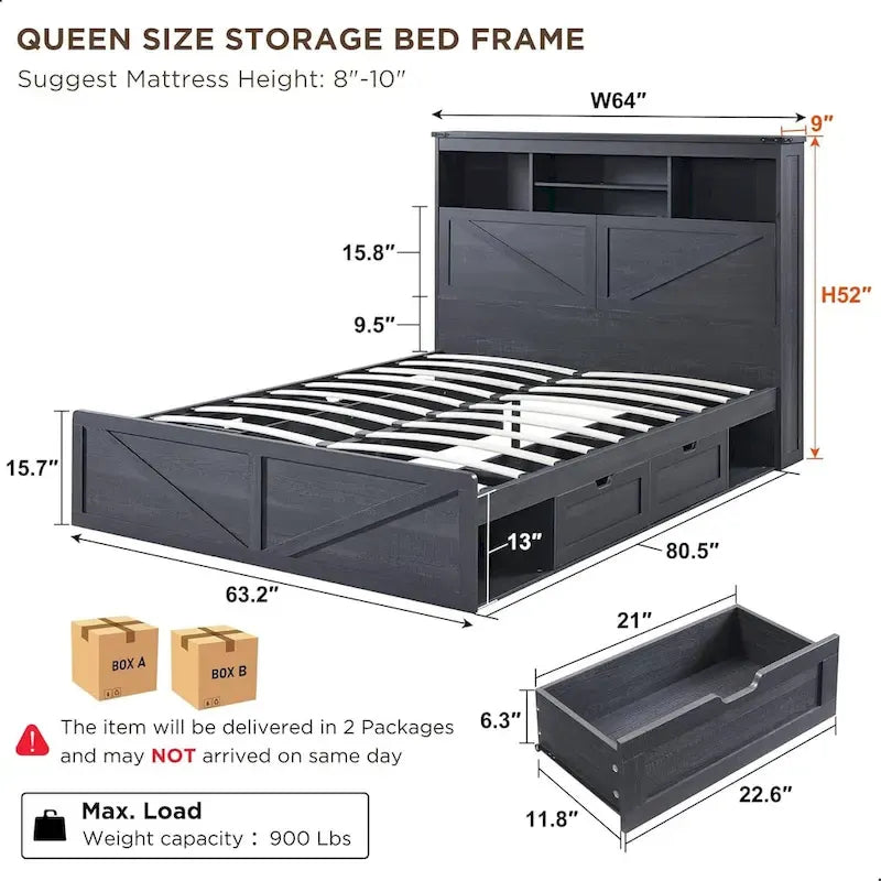 Cadre de lit Queen Size style ferme avec tête de lit bibliothèque, lumières LED et tiroirs de rangement