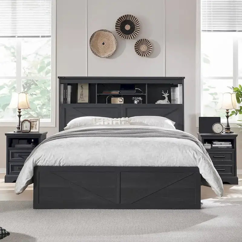 Cadre de lit Queen Size style ferme avec tête de lit bibliothèque, lumières LED et tiroirs de rangement