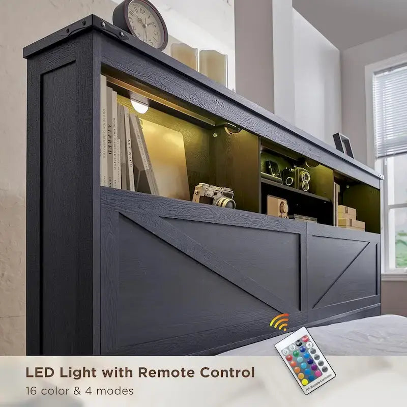 Cadre de lit Queen Size style ferme avec tête de lit bibliothèque, lumières LED et tiroirs de rangement