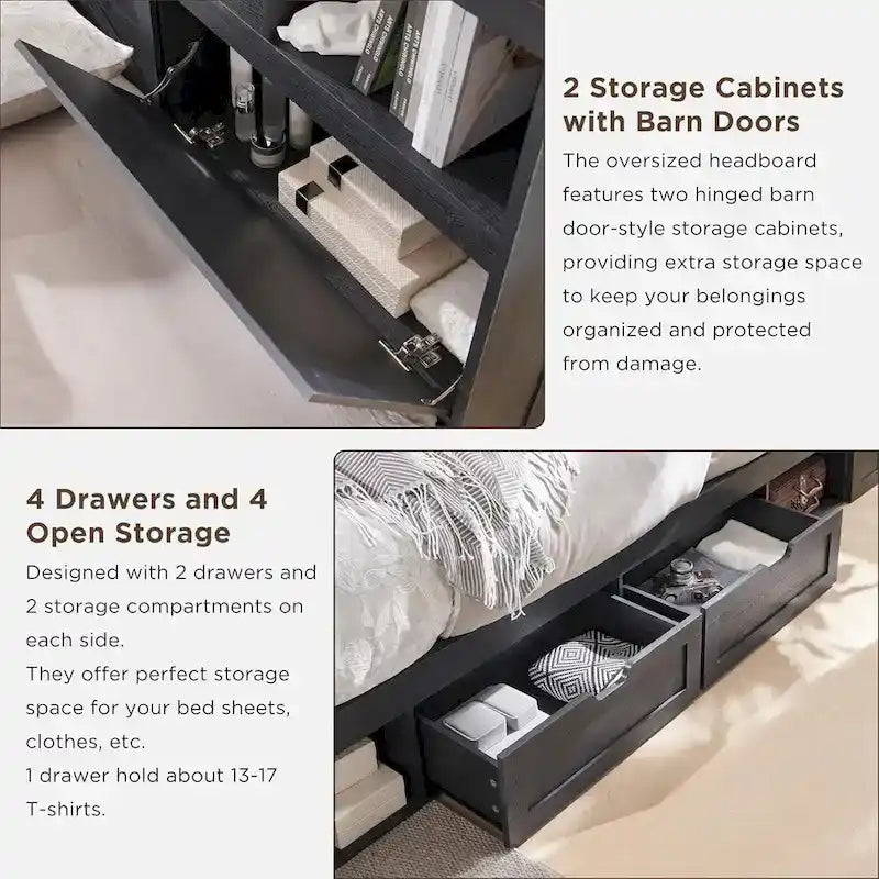 Cadre de lit Queen Size style ferme avec tête de lit bibliothèque, lumières LED et tiroirs de rangement