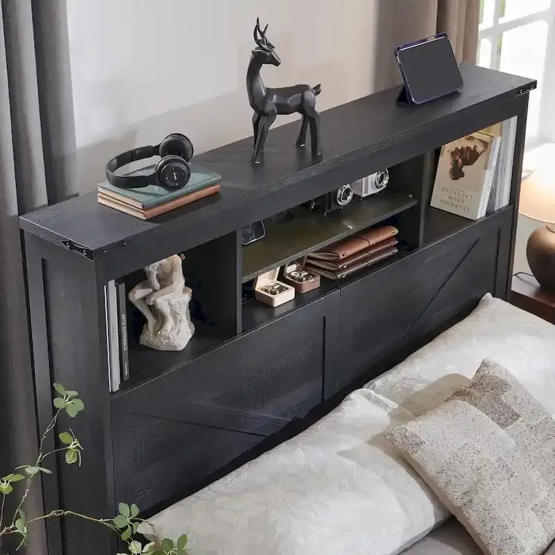 Cadre de lit Queen Size style ferme avec tête de lit bibliothèque, lumières LED et tiroirs de rangement