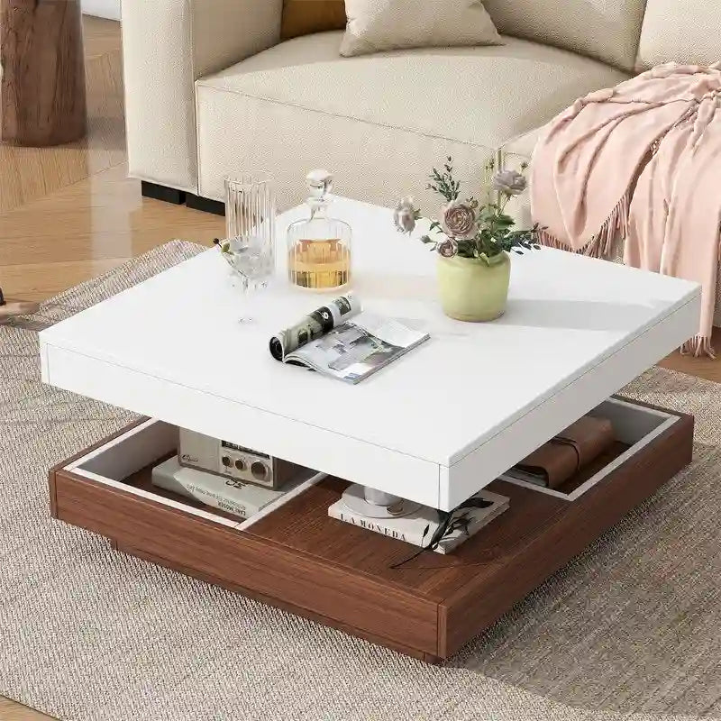 Table basse carrée rotative à 360° avec 3 plateaux amovibles et 2 niveaux de rangement