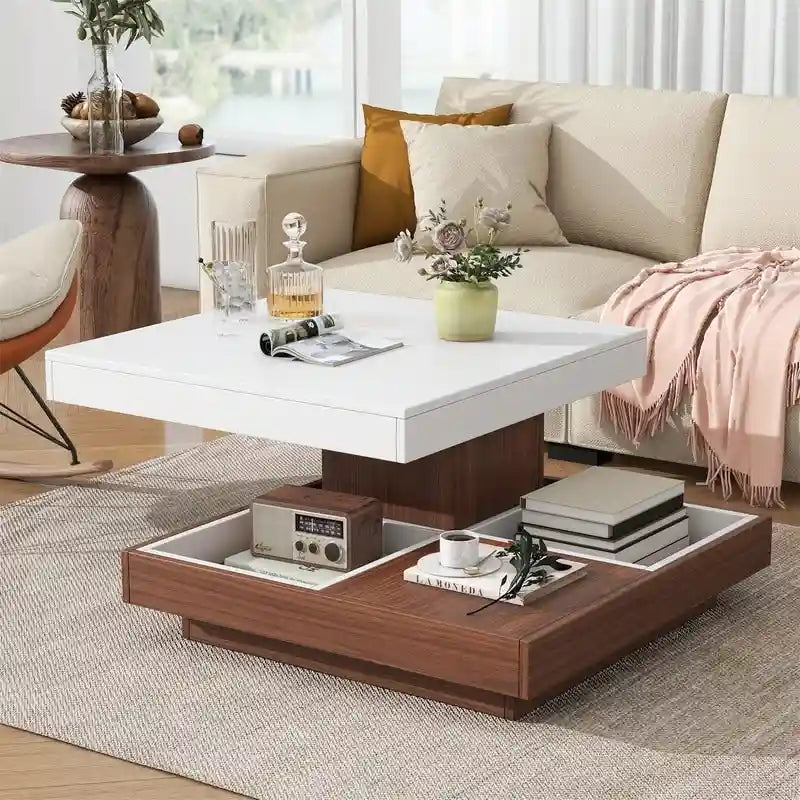 Table basse carrée rotative à 360° avec 3 plateaux amovibles et 2 niveaux de rangement