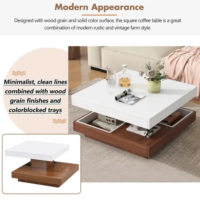 Table basse carrée rotative à 360° avec 3 plateaux amovibles et 2 niveaux de rangement
