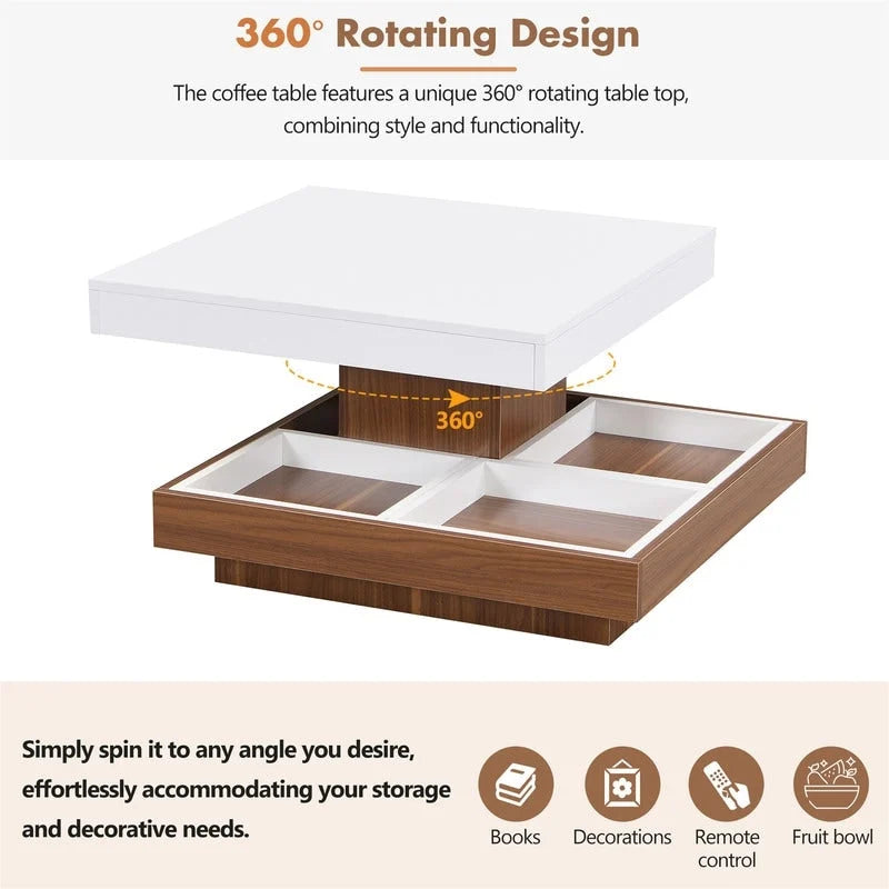 Table basse carrée rotative à 360° avec 3 plateaux amovibles et 2 niveaux de rangement