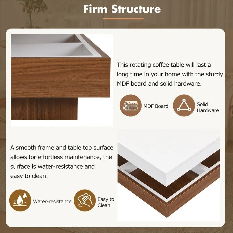 Table basse carrée rotative à 360° avec 3 plateaux amovibles et 2 niveaux de rangement
