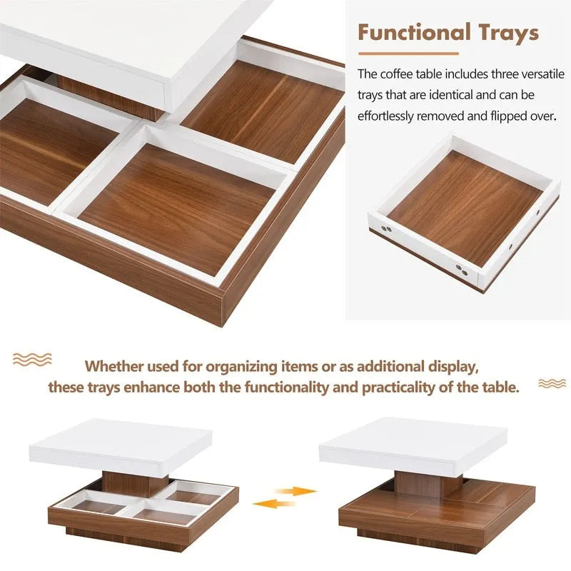 Table basse carrée rotative à 360° avec 3 plateaux amovibles et 2 niveaux de rangement