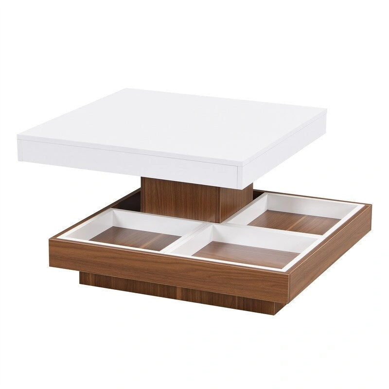Table basse carrée rotative à 360° avec 3 plateaux amovibles et 2 niveaux de rangement