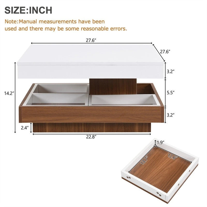 Table basse carrée rotative à 360° avec 3 plateaux amovibles et 2 niveaux de rangement