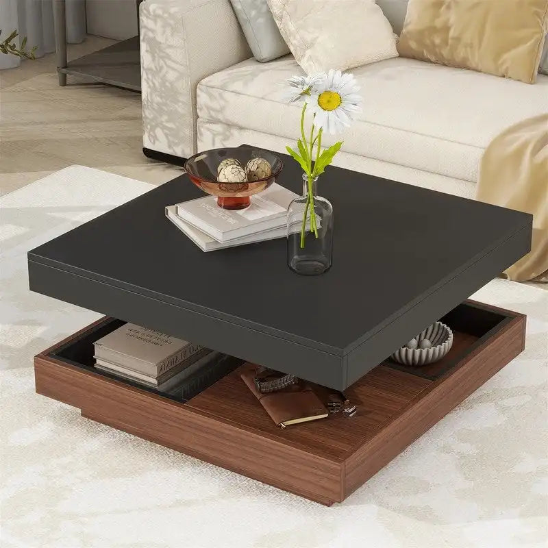 Table basse carrée rotative à 360° avec 3 plateaux amovibles et 2 niveaux de rangement