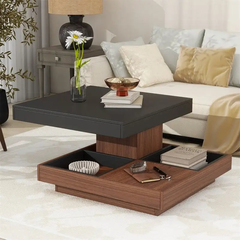 Table basse carrée rotative à 360° avec 3 plateaux amovibles et 2 niveaux de rangement