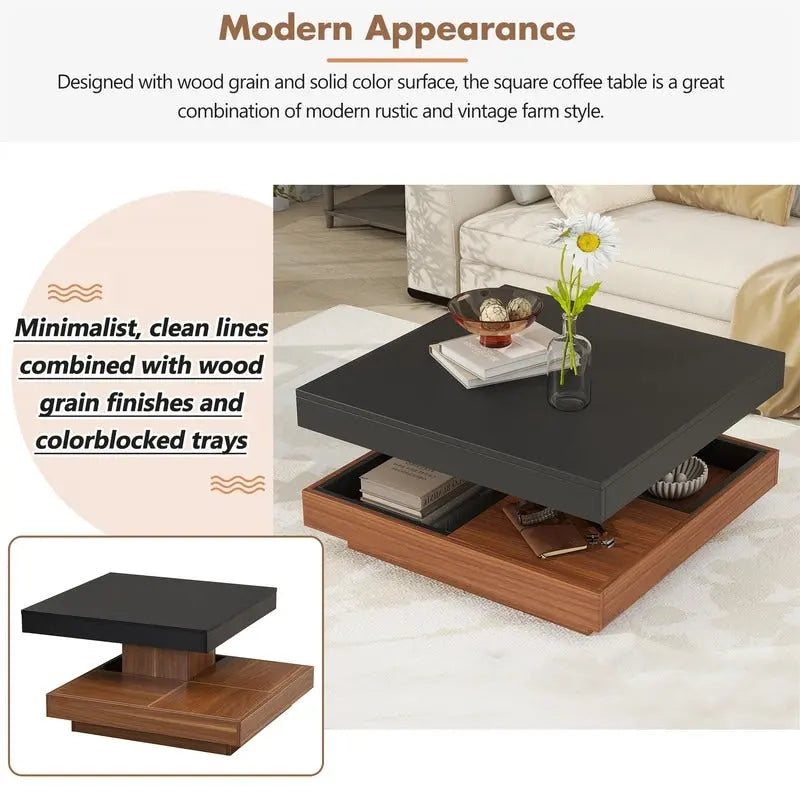 Table basse carrée rotative à 360° avec 3 plateaux amovibles et 2 niveaux de rangement