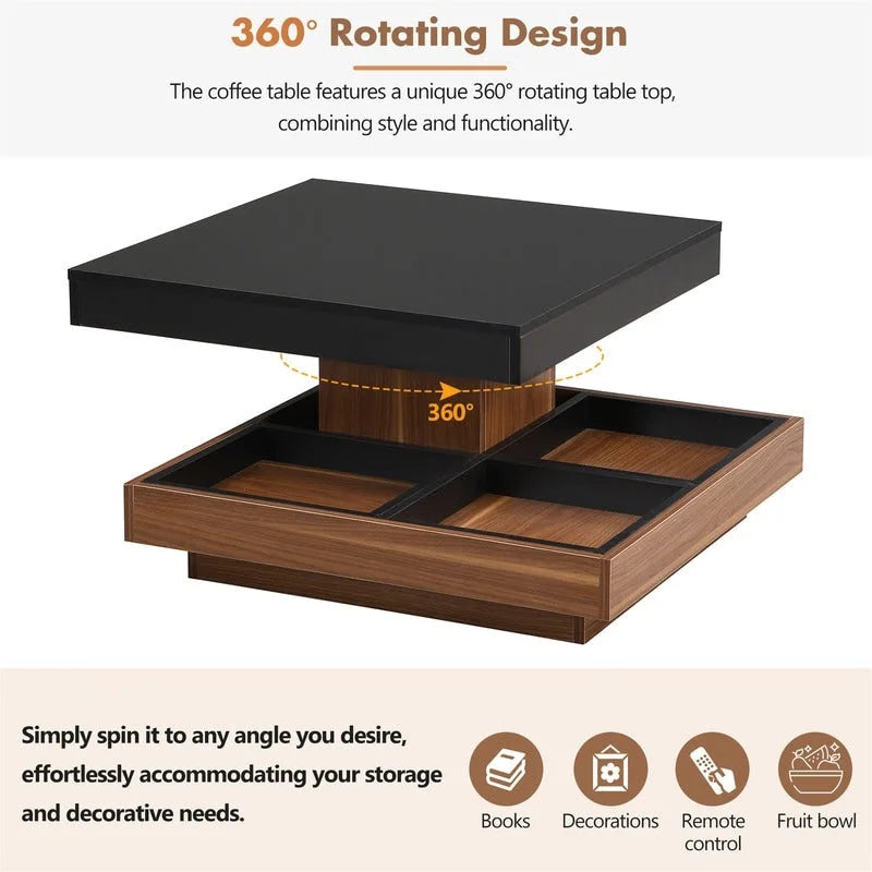 Table basse carrée rotative à 360° avec 3 plateaux amovibles et 2 niveaux de rangement