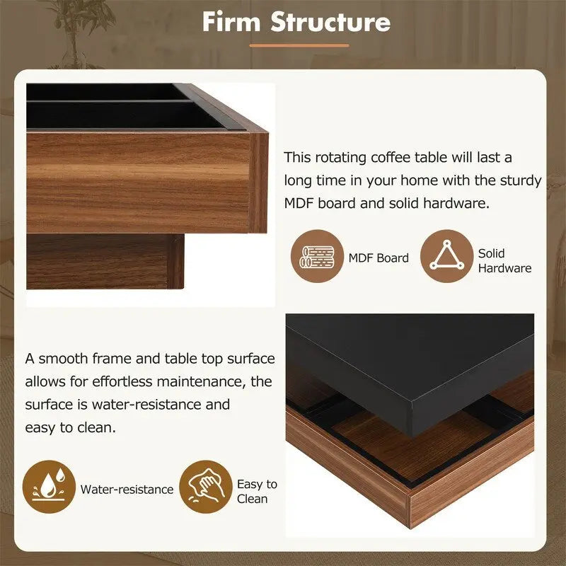 Table basse carrée rotative à 360° avec 3 plateaux amovibles et 2 niveaux de rangement
