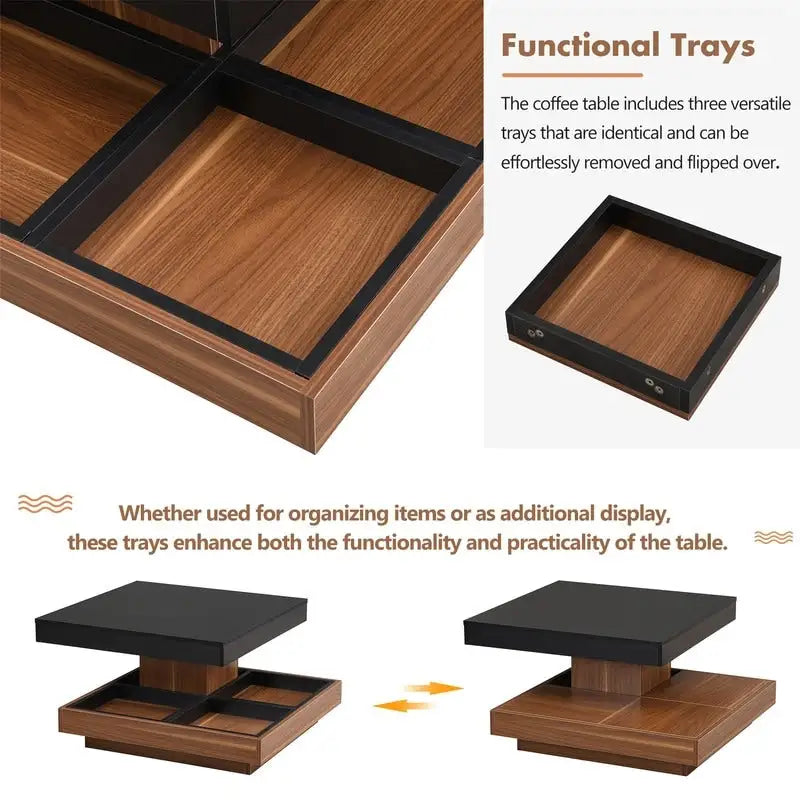 Table basse carrée rotative à 360° avec 3 plateaux amovibles et 2 niveaux de rangement