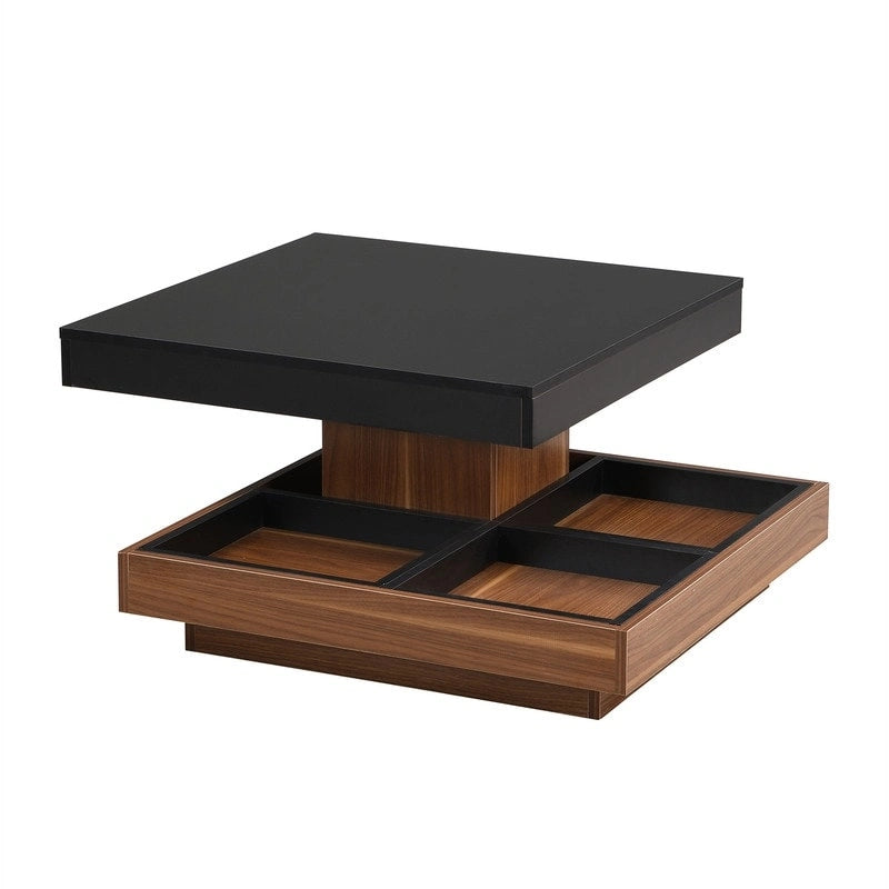 Table basse carrée rotative à 360° avec 3 plateaux amovibles et 2 niveaux de rangement