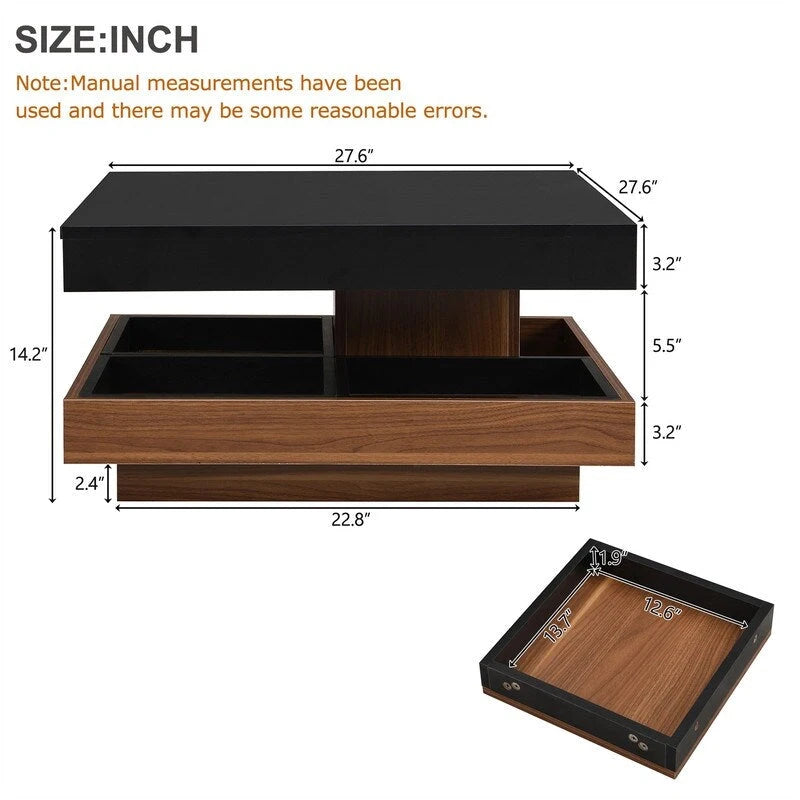 Table basse carrée rotative à 360° avec 3 plateaux amovibles et 2 niveaux de rangement