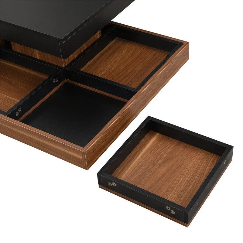 Table basse carrée rotative à 360° avec 3 plateaux amovibles et 2 niveaux de rangement