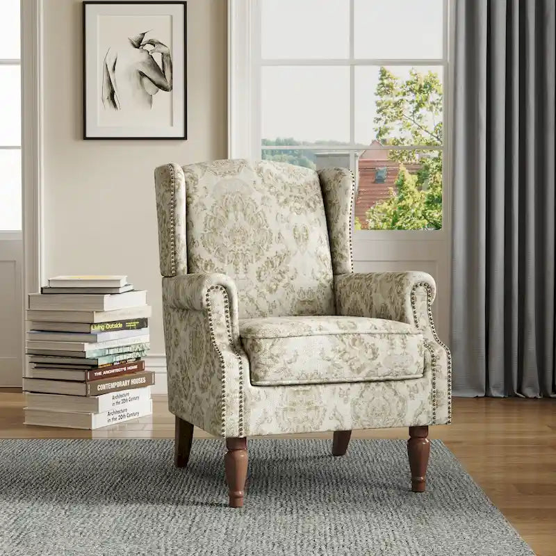 Fauteuil d'appoint à dossier haut avec clous décoratifs et coussin amovible