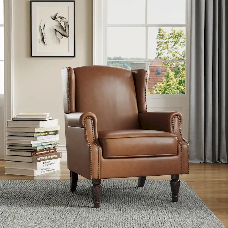 Fauteuil d'appoint à dossier haut avec clous décoratifs et coussin amovible