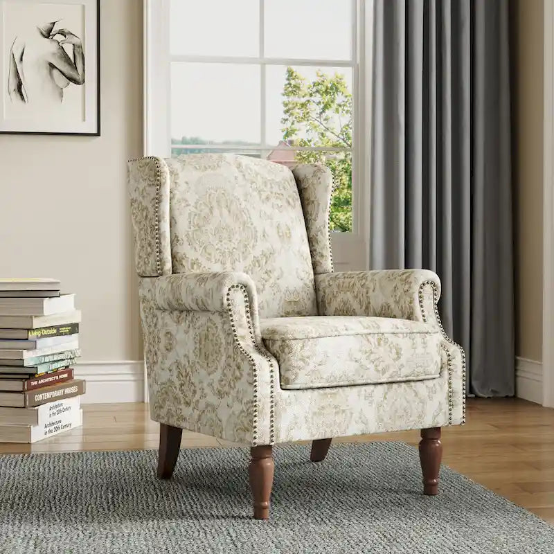 Fauteuil d'appoint à dossier haut avec clous décoratifs et coussin amovible