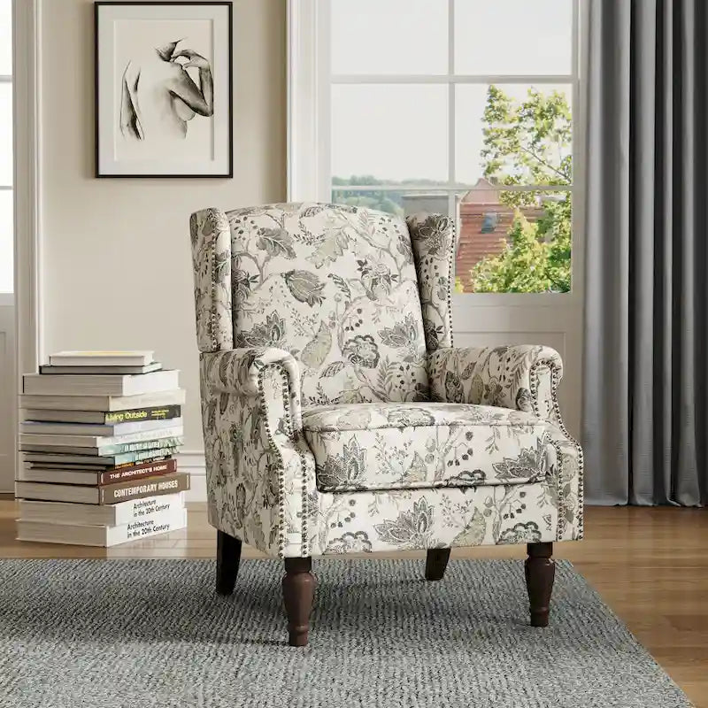 Fauteuil d'appoint à dossier haut avec clous décoratifs et coussin amovible