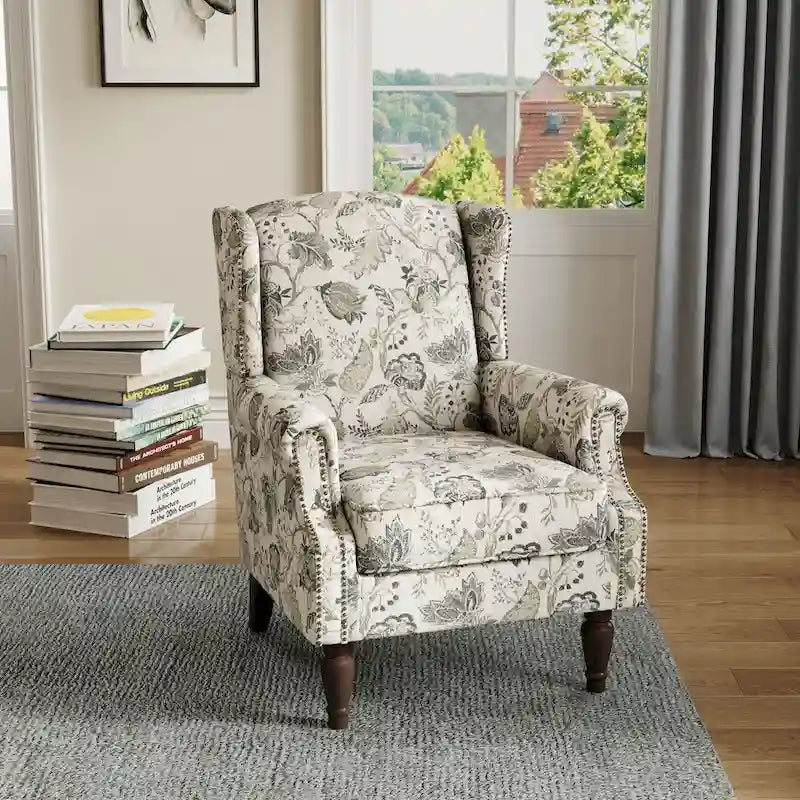 Fauteuil d'appoint à dossier haut avec clous décoratifs et coussin amovible