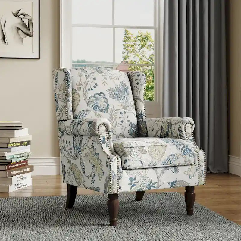 Fauteuil d'appoint à dossier haut avec clous décoratifs et coussin amovible