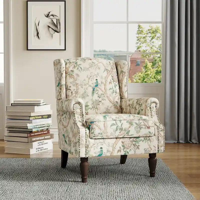 Fauteuil d'appoint à dossier haut avec clous décoratifs et coussin amovible