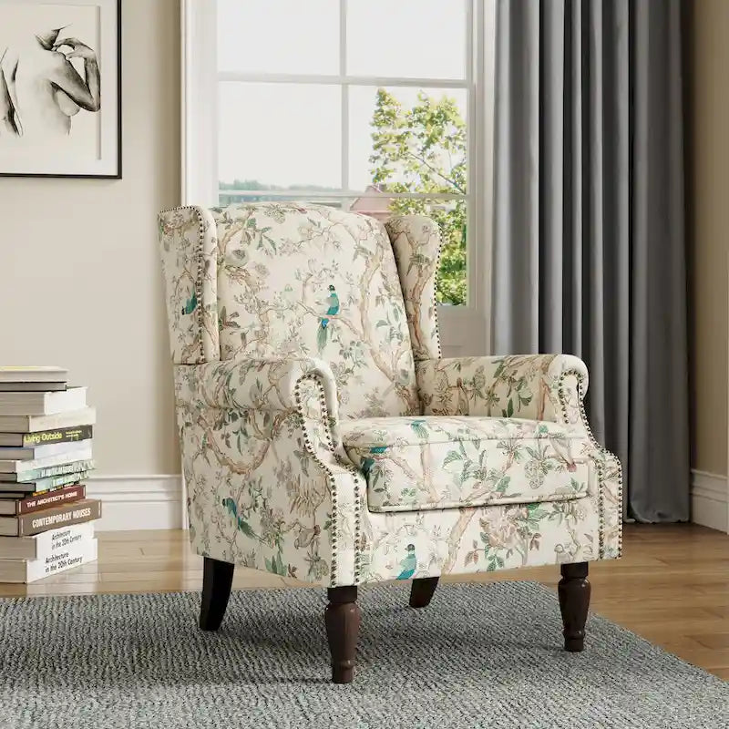 Fauteuil d'appoint à dossier haut avec clous décoratifs et coussin amovible