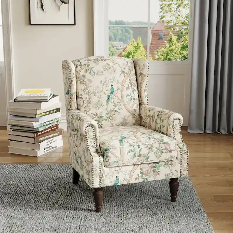 Fauteuil d'appoint à dossier haut avec clous décoratifs et coussin amovible