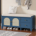 Banc à chaussures d'entrée avec portes en rotin, coussin et tiroirs de rangement