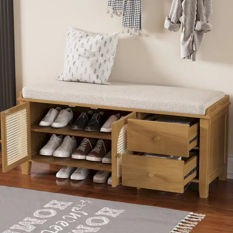 Banc à chaussures d'entrée avec portes en rotin, coussin et tiroirs de rangement
